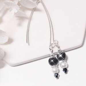 Earrings  044L# Glass pearl black white earrings long drop earrings twee regency